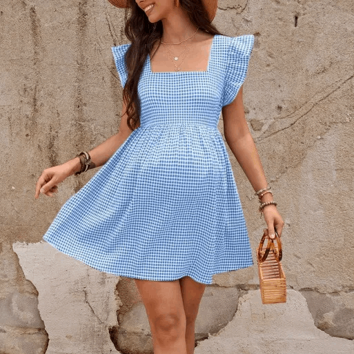 Robe de grossesse à carreaux col carré